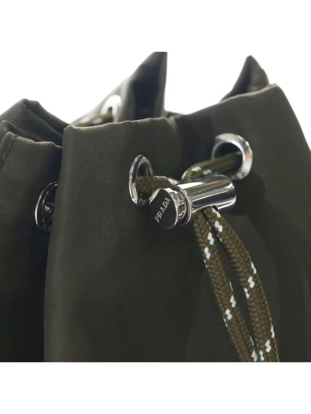 Prada Re-Nylon Speedlock Pouch Drawstring Leather Khaki Silver